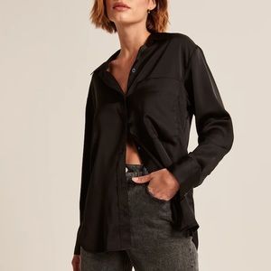 Abercrombie & Fitch Oversized Satin Button-Up in Black, Size XL